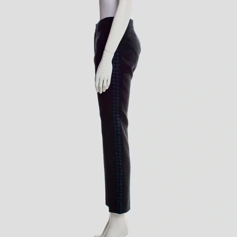 TORY BURCH Tobie Black Trousers Straight Leg Pants Blue Wool Tweed Side Stripe - Picture 4 of 16